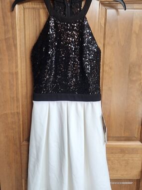 B Darlin Black Sequin Halter Top with White Skirt Girls' Formal Dress